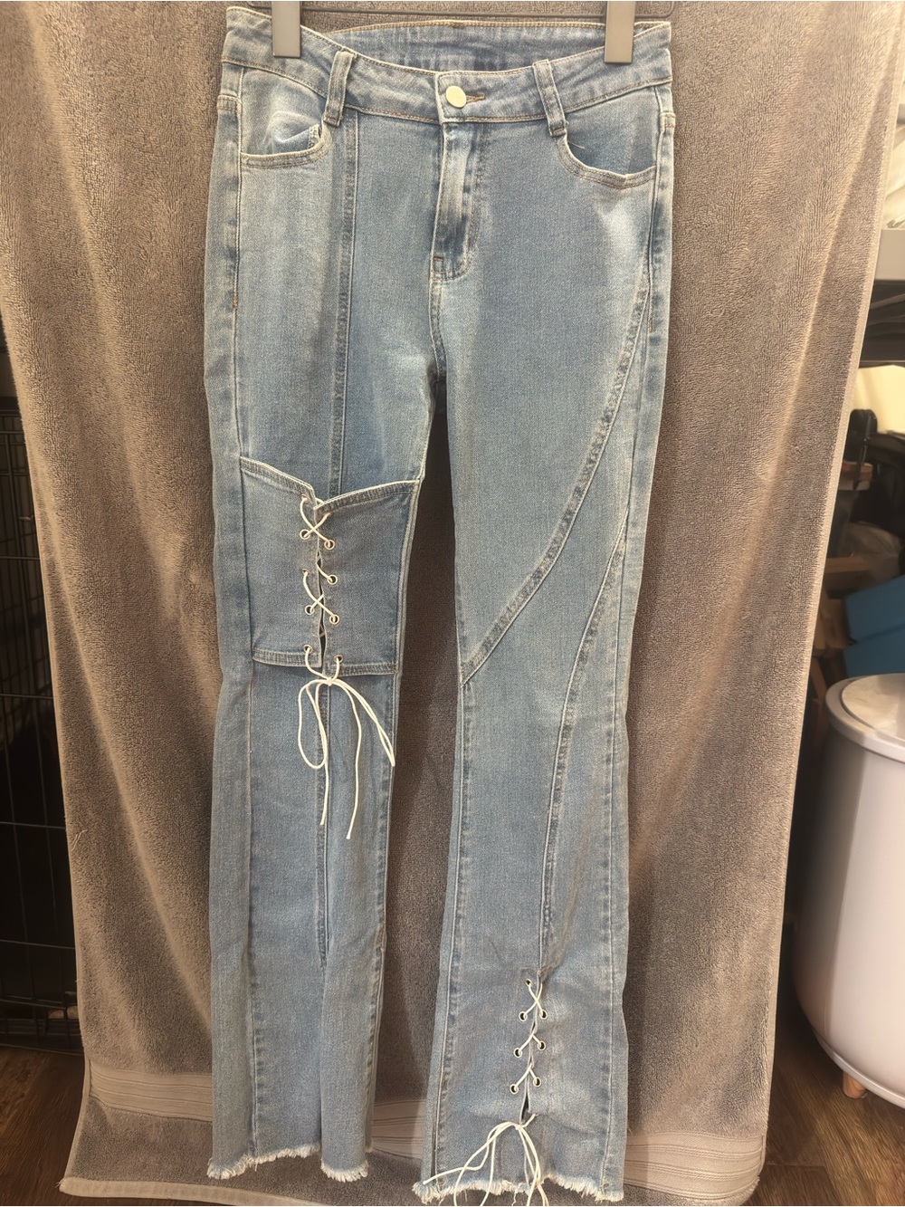 Light Blue Lace-Up Detail Women's Jeans